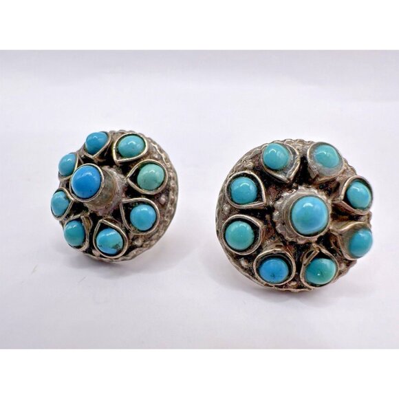 Vintage Sterling Silver & Turquoise Post-back Earrings Petit Point Southwest MEX - Picture 1 of 8